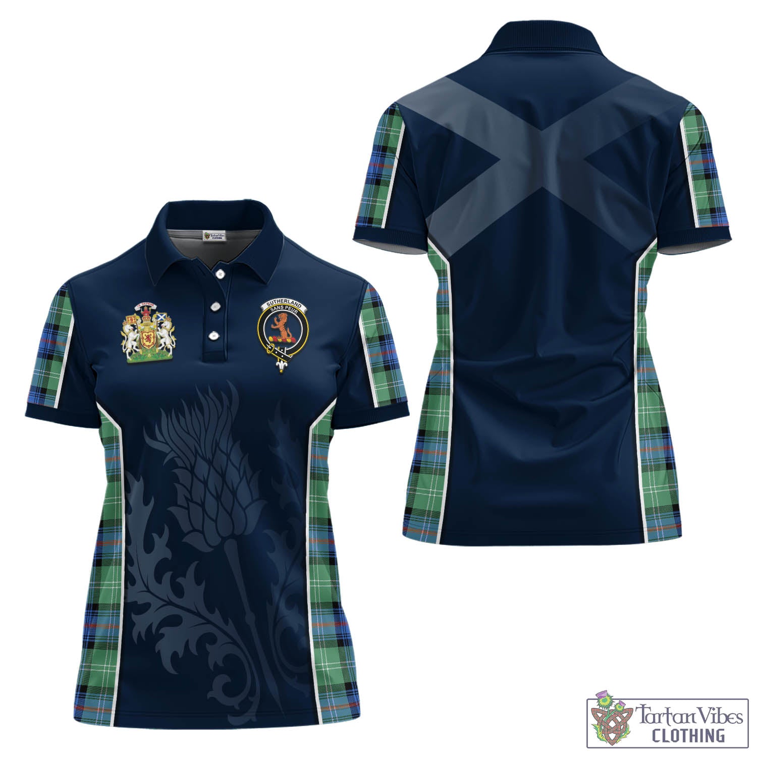 Tartan Vibes Clothing Sutherland Ancient Tartan Women's Polo Shirt with Family Crest and Scottish Thistle Vibes Sport Style