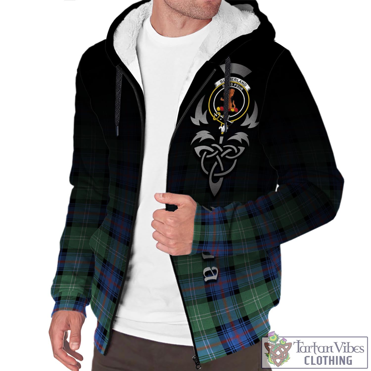 Tartan Vibes Clothing Sutherland Ancient Tartan Sherpa Hoodie Featuring Alba Gu Brath Family Crest Celtic Inspired