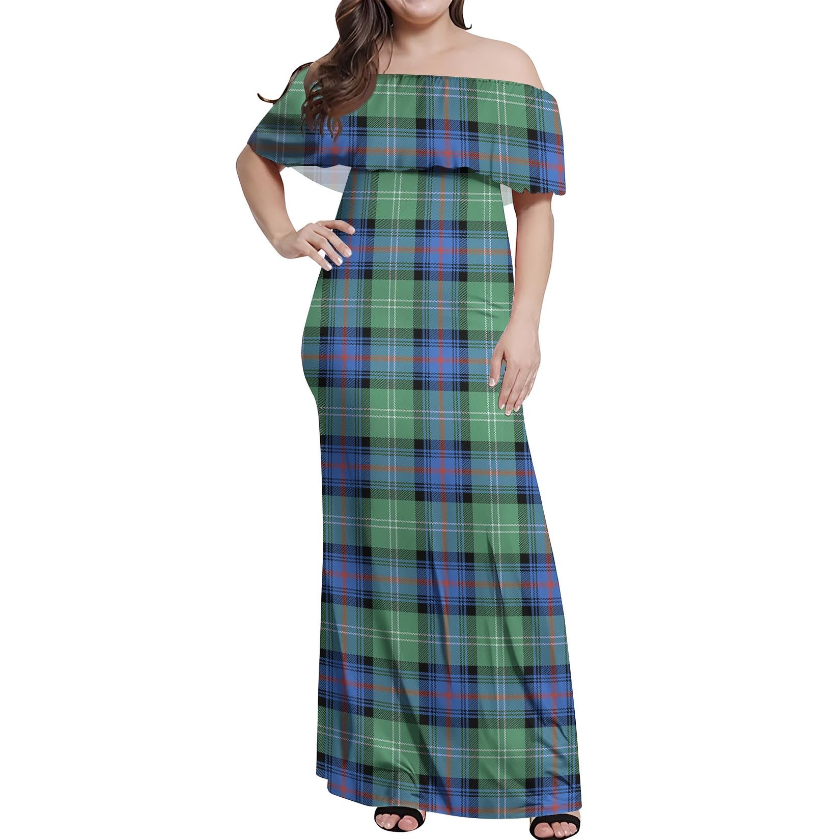 Sutherland Ancient Tartan Off Shoulder Long Dress Women's Dress - Tartanvibesclothing