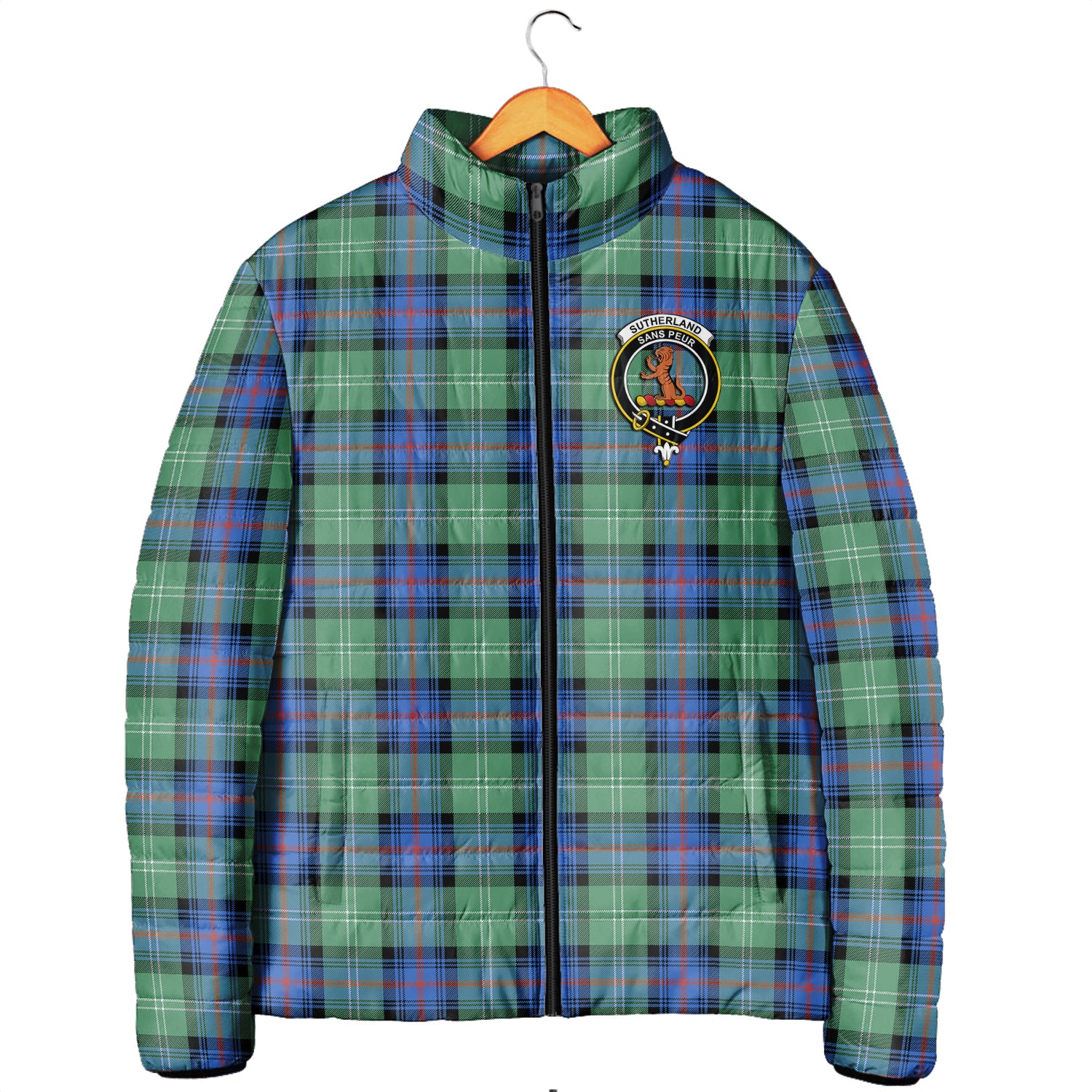 Sutherland Ancient Tartan Padded Jacket with Family Crest Men's Padded Jacket - Tartan Vibes Clothing