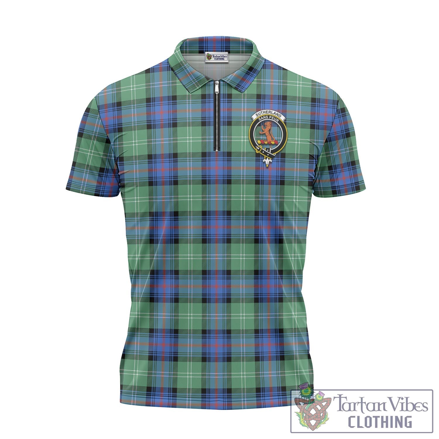 Tartan Vibes Clothing Sutherland Ancient Tartan Zipper Polo Shirt with Family Crest