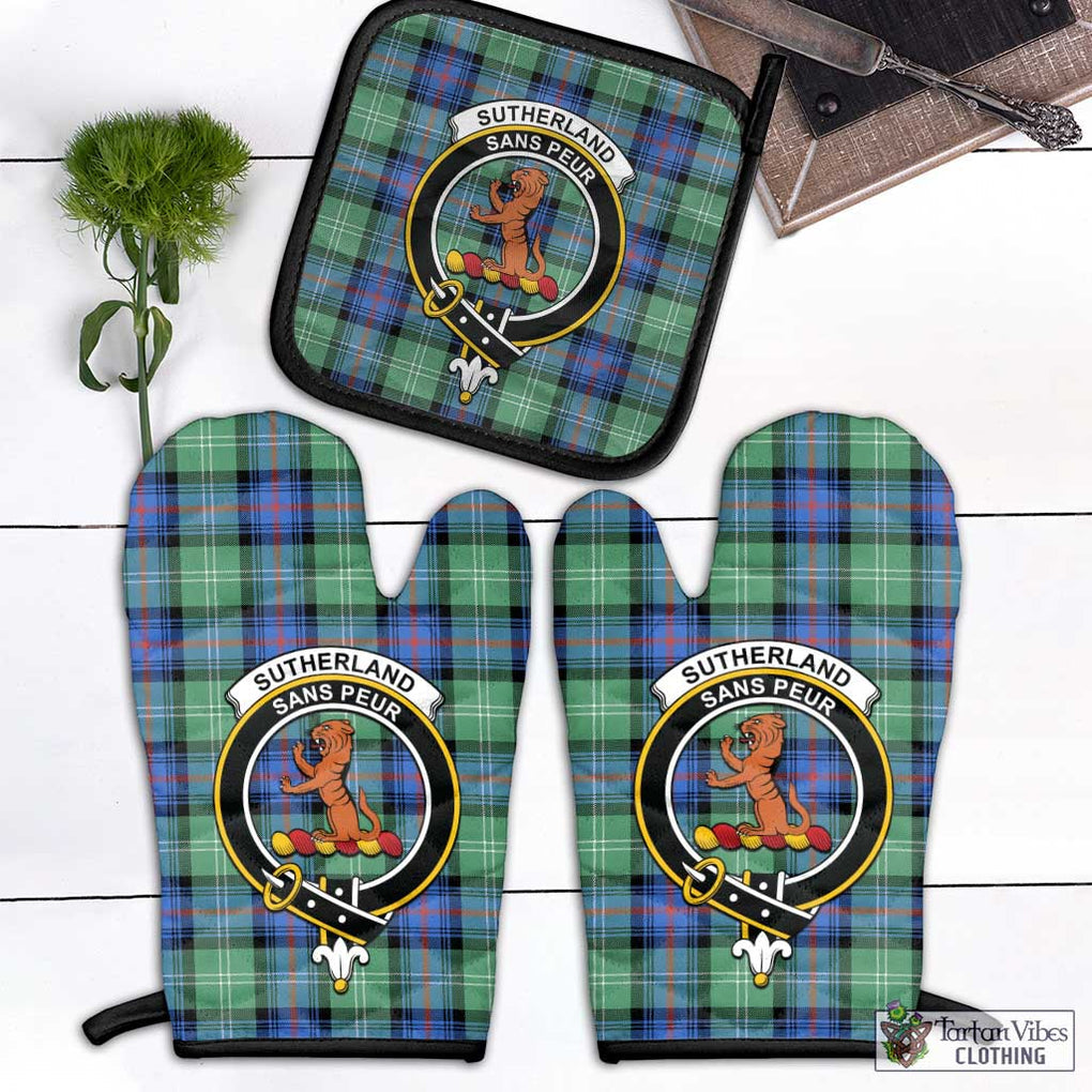 Sutherland Ancient Tartan Combo Oven Mitt & Pot-Holder with Family Crest Combo 1 Oven Mitt & 1 Pot-Holder Black - Tartan Vibes Clothing