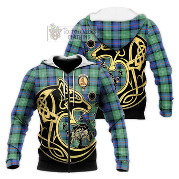 Sutherland Ancient Tartan Knitted Hoodie with Family Crest Celtic Wolf Style