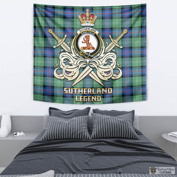 Sutherland Ancient Tartan Tapestry with Clan Crest and the Golden Sword of Courageous Legacy