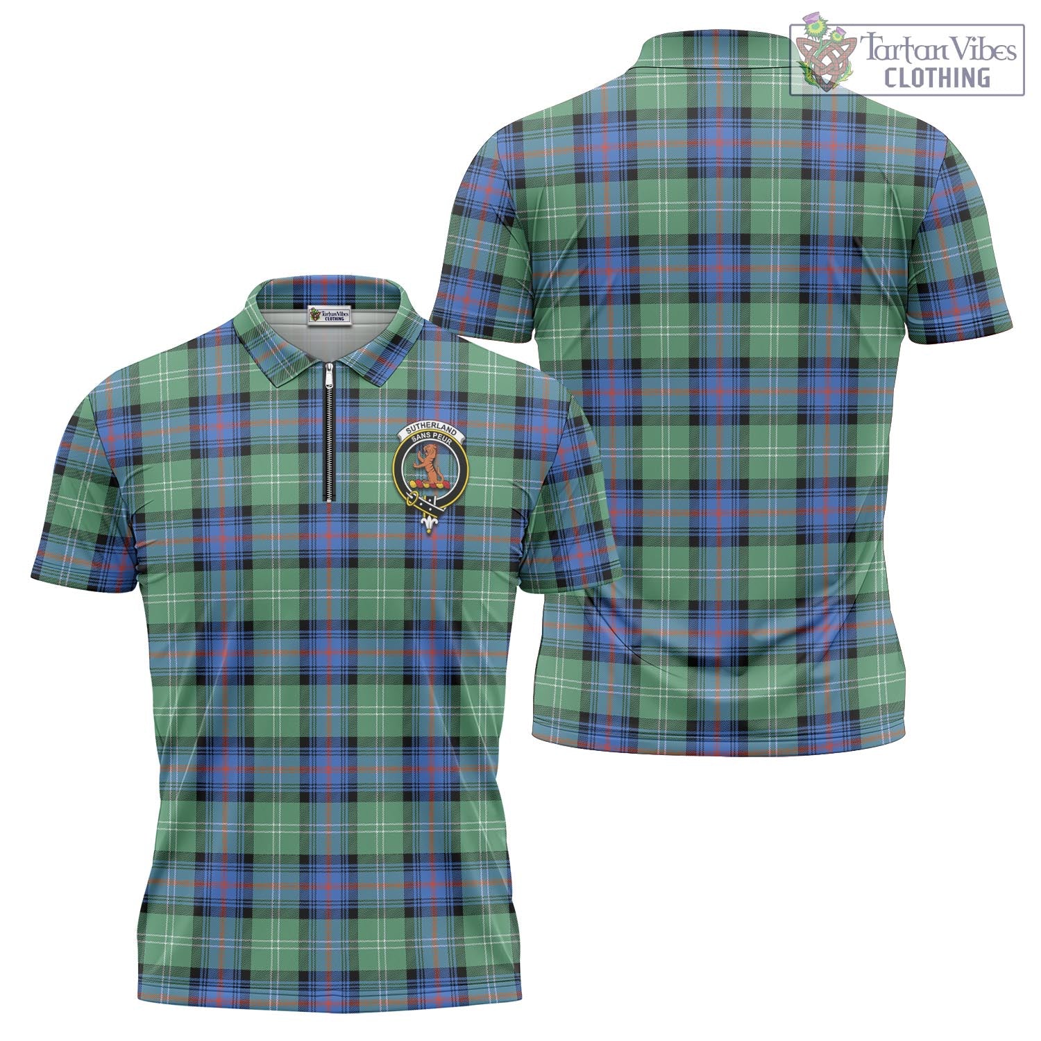 Tartan Vibes Clothing Sutherland Ancient Tartan Zipper Polo Shirt with Family Crest