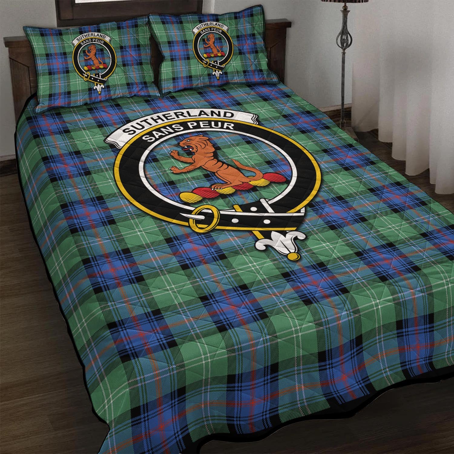 Sutherland Ancient Tartan Quilt Bed Set with Family Crest - Tartan Vibes Clothing