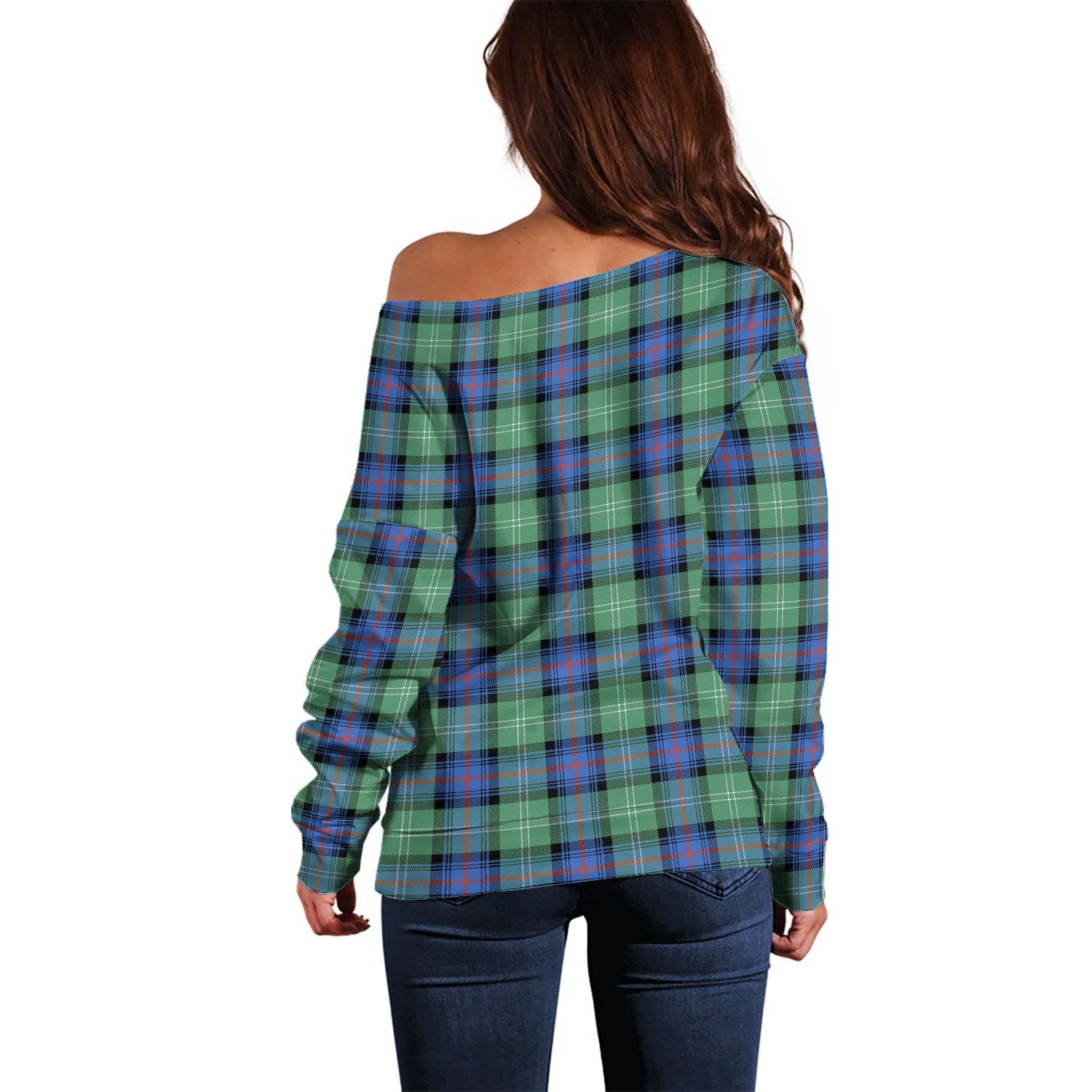 Sutherland Ancient Tartan Off Shoulder Women Sweater with Family Crest - Tartanvibesclothing Shop