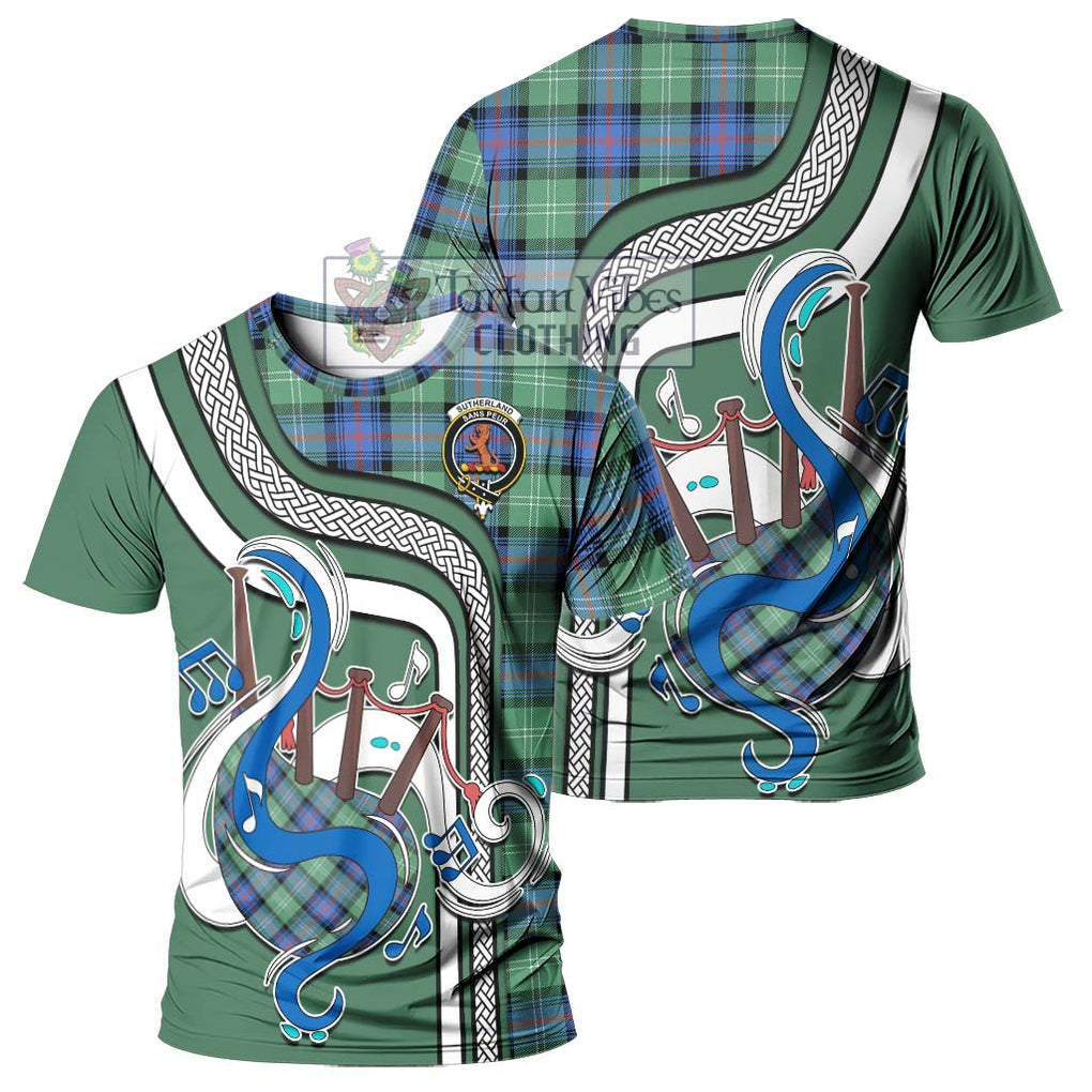 Sutherland Ancient Tartan T-Shirt with Epic Bagpipe Style - Tartanvibesclothing Shop