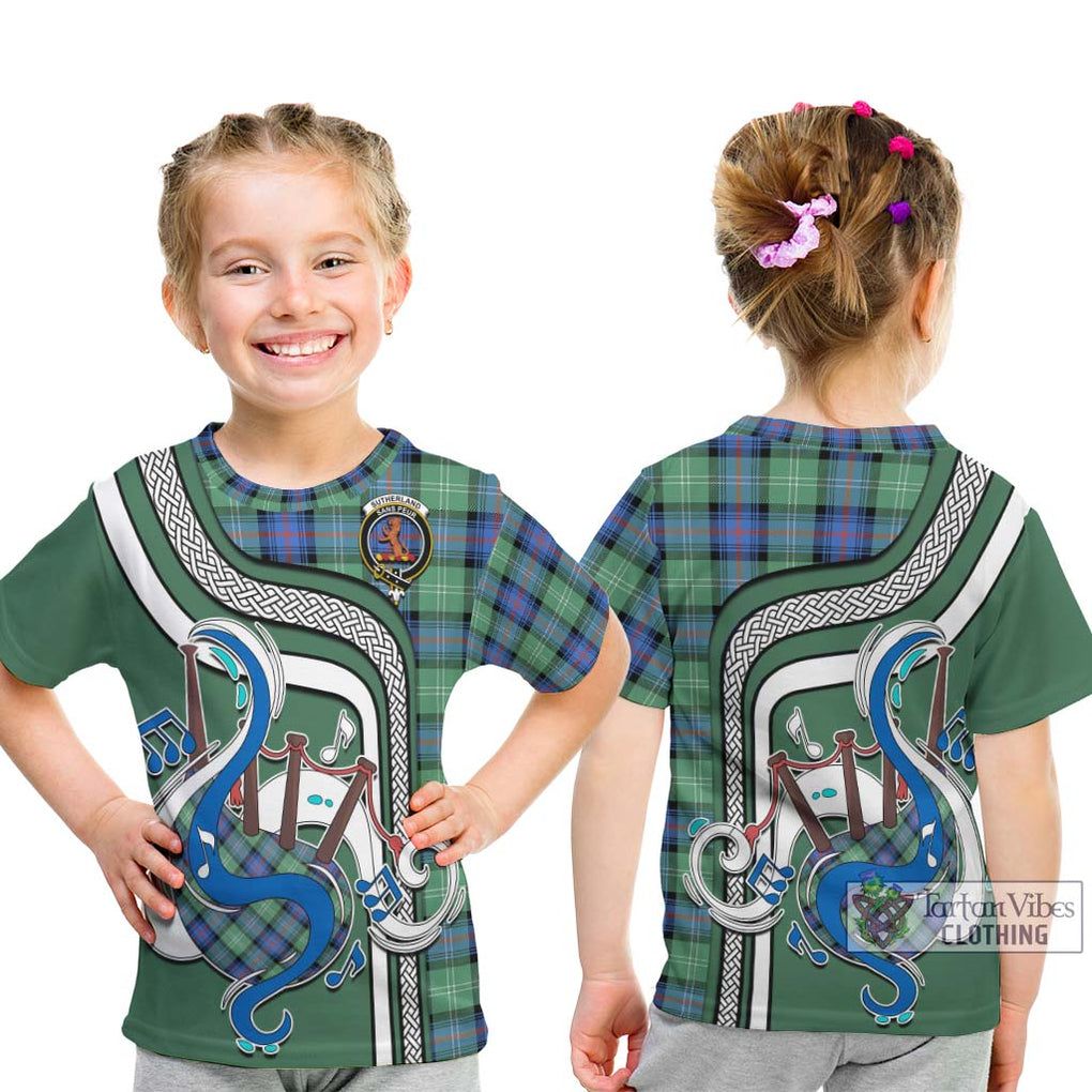 Tartan Vibes Clothing Sutherland Ancient Tartan Kid T-Shirt with Epic Bagpipe Style