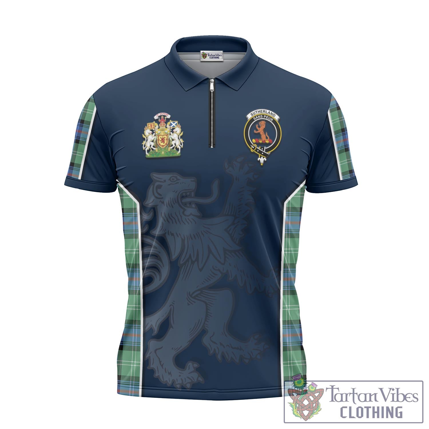 Tartan Vibes Clothing Sutherland Ancient Tartan Zipper Polo Shirt with Family Crest and Lion Rampant Vibes Sport Style