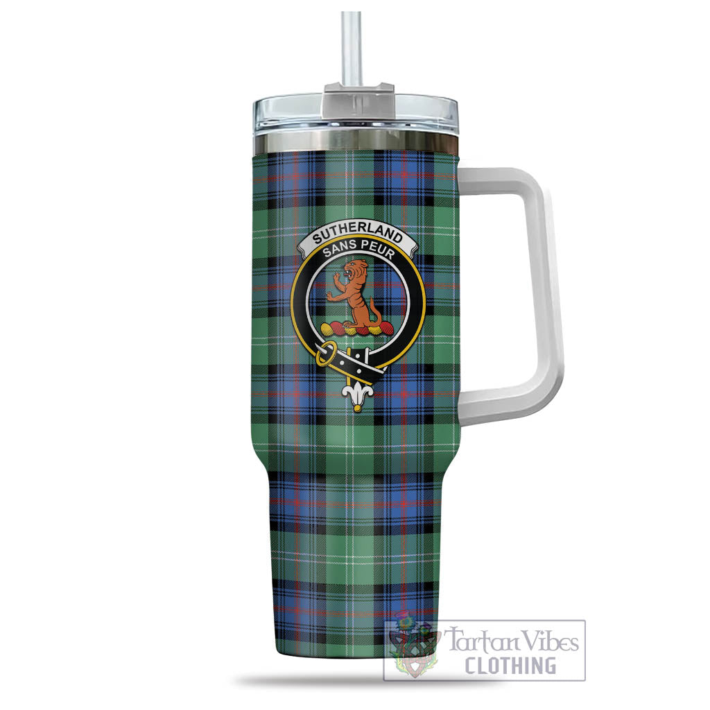 Tartan Vibes Clothing Sutherland Ancient Tartan and Family Crest Tumbler with Handle