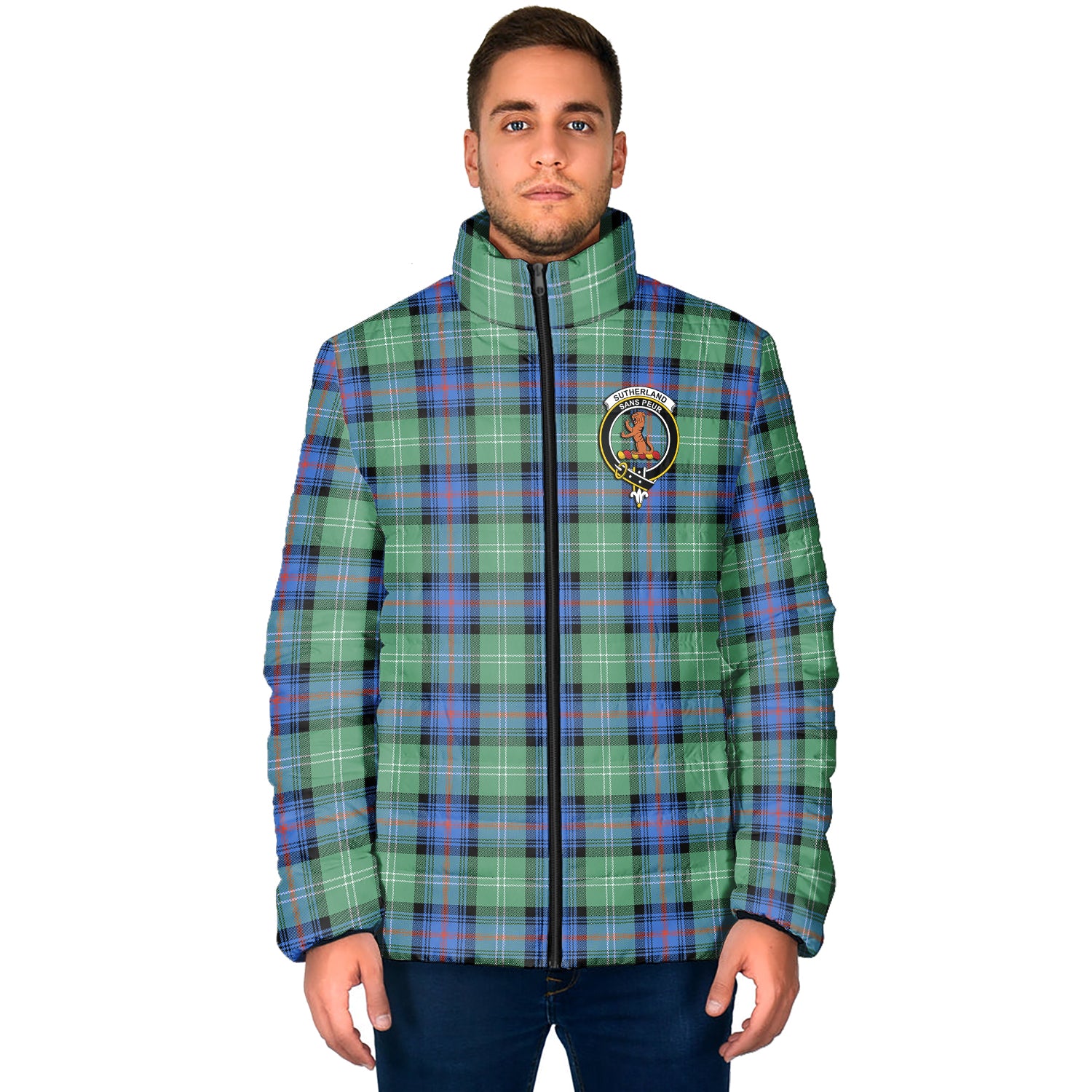 Sutherland Ancient Tartan Padded Jacket with Family Crest - Tartan Vibes Clothing