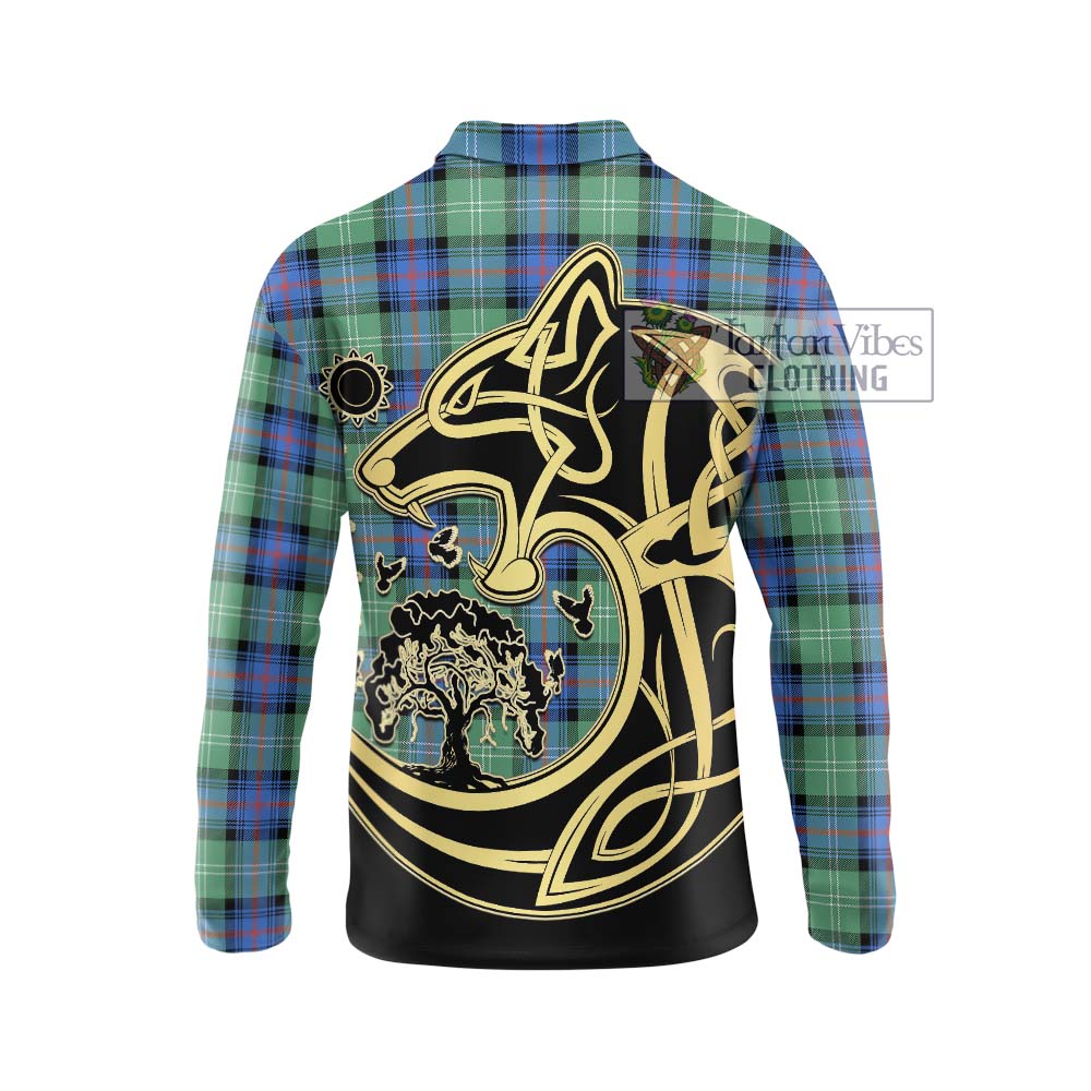 Sutherland Ancient Tartan Long Sleeve Polo Shirt with Family Crest Celtic Wolf Style - Tartanvibesclothing Shop