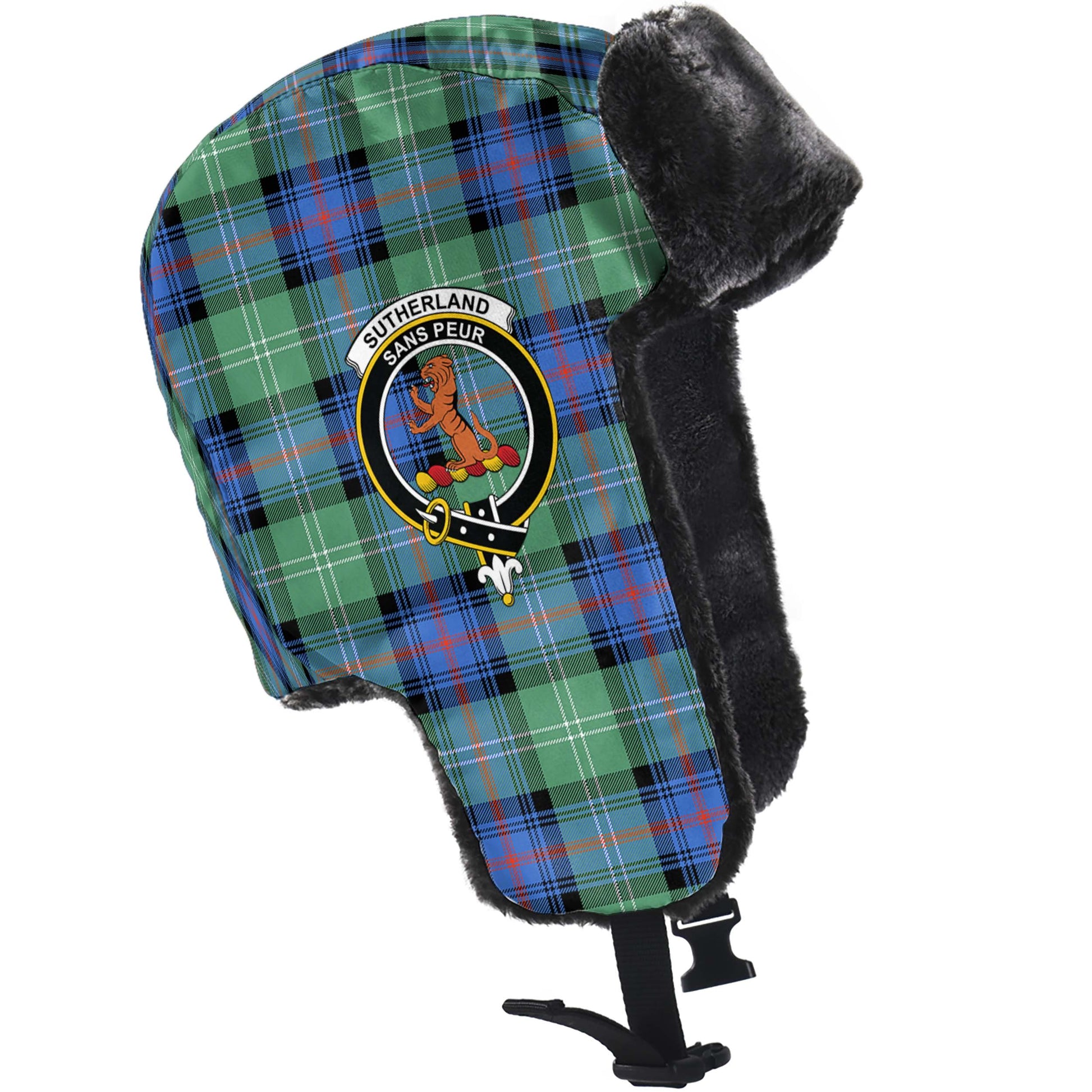 Sutherland Ancient Tartan Winter Trapper Hat with Family Crest - Tartanvibesclothing