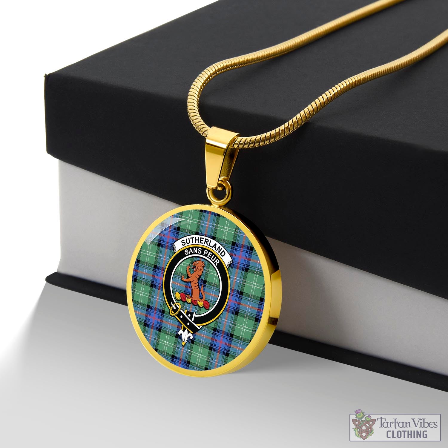 Tartan Vibes Clothing Sutherland Ancient Tartan Circle Necklace with Family Crest