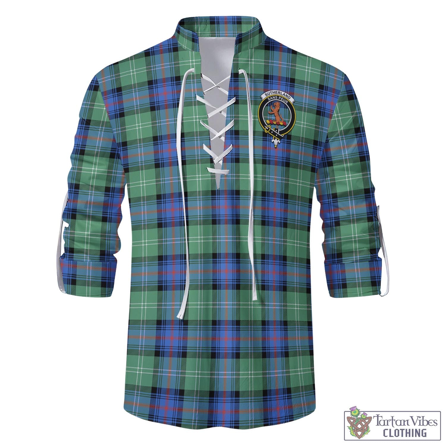 Tartan Vibes Clothing Sutherland Ancient Tartan Men's Scottish Traditional Jacobite Ghillie Kilt Shirt with Family Crest