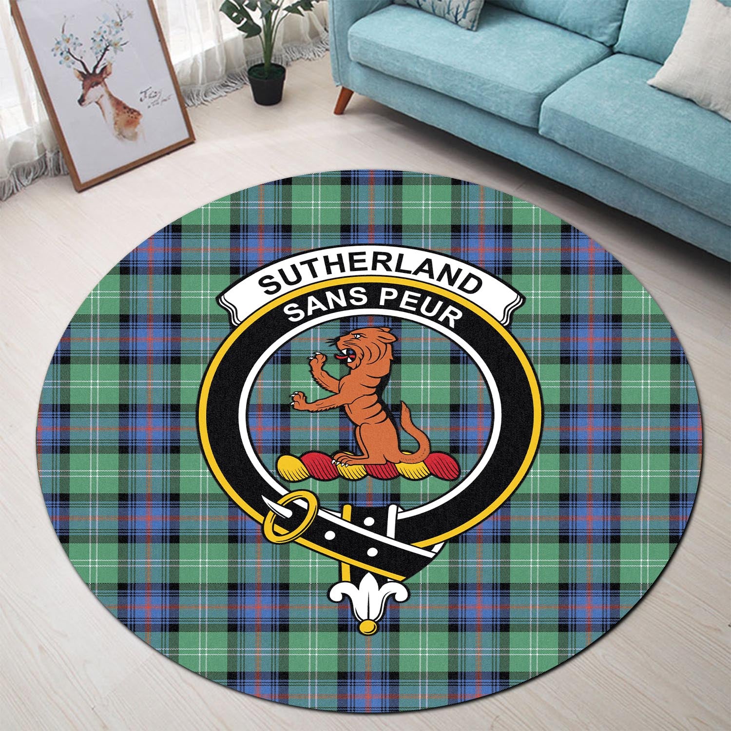 sutherland-ancient-tartan-round-rug-with-family-crest