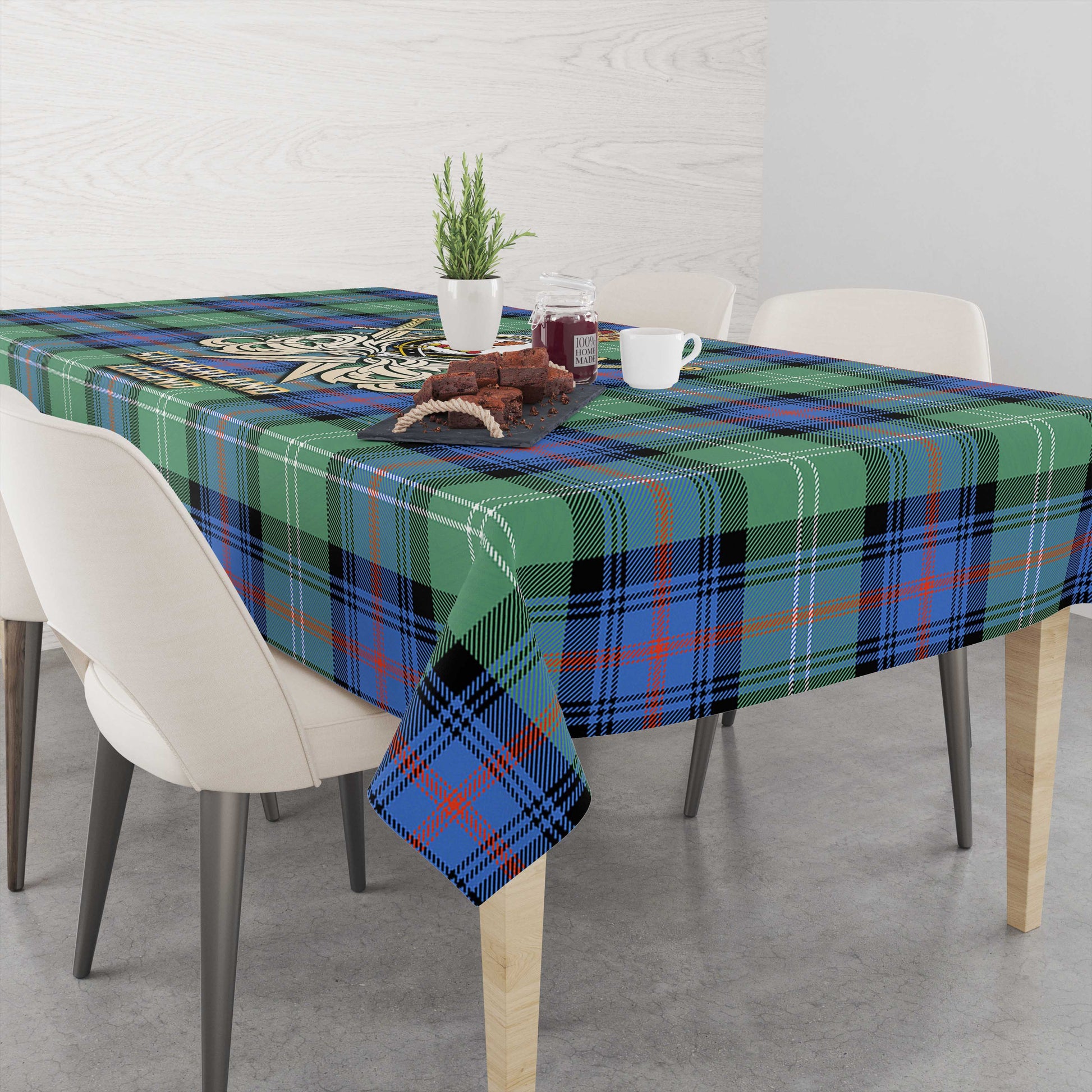 Tartan Vibes Clothing Sutherland Ancient Tartan Tablecloth with Clan Crest and the Golden Sword of Courageous Legacy