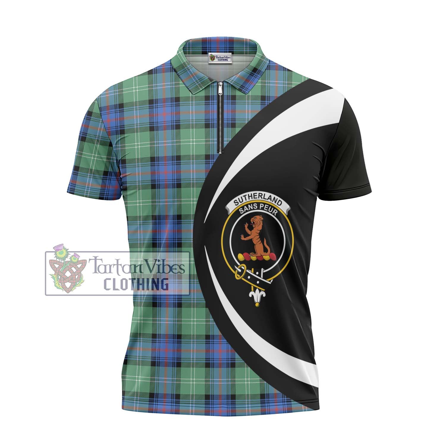 Sutherland Ancient Tartan Zipper Polo Shirt with Family Crest Circle Style - Tartan Vibes Clothing