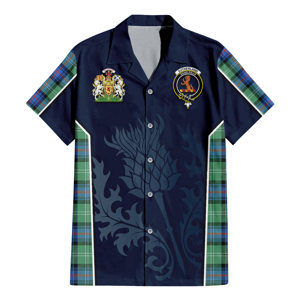 Tartan Vibes Clothing Sutherland Ancient Tartan Short Sleeve Button Up Shirt with Family Crest and Scottish Thistle Vibes Sport Style