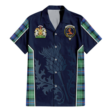 Sutherland Ancient Tartan Short Sleeve Button Up Shirt with Family Crest and Scottish Thistle Vibes Sport Style