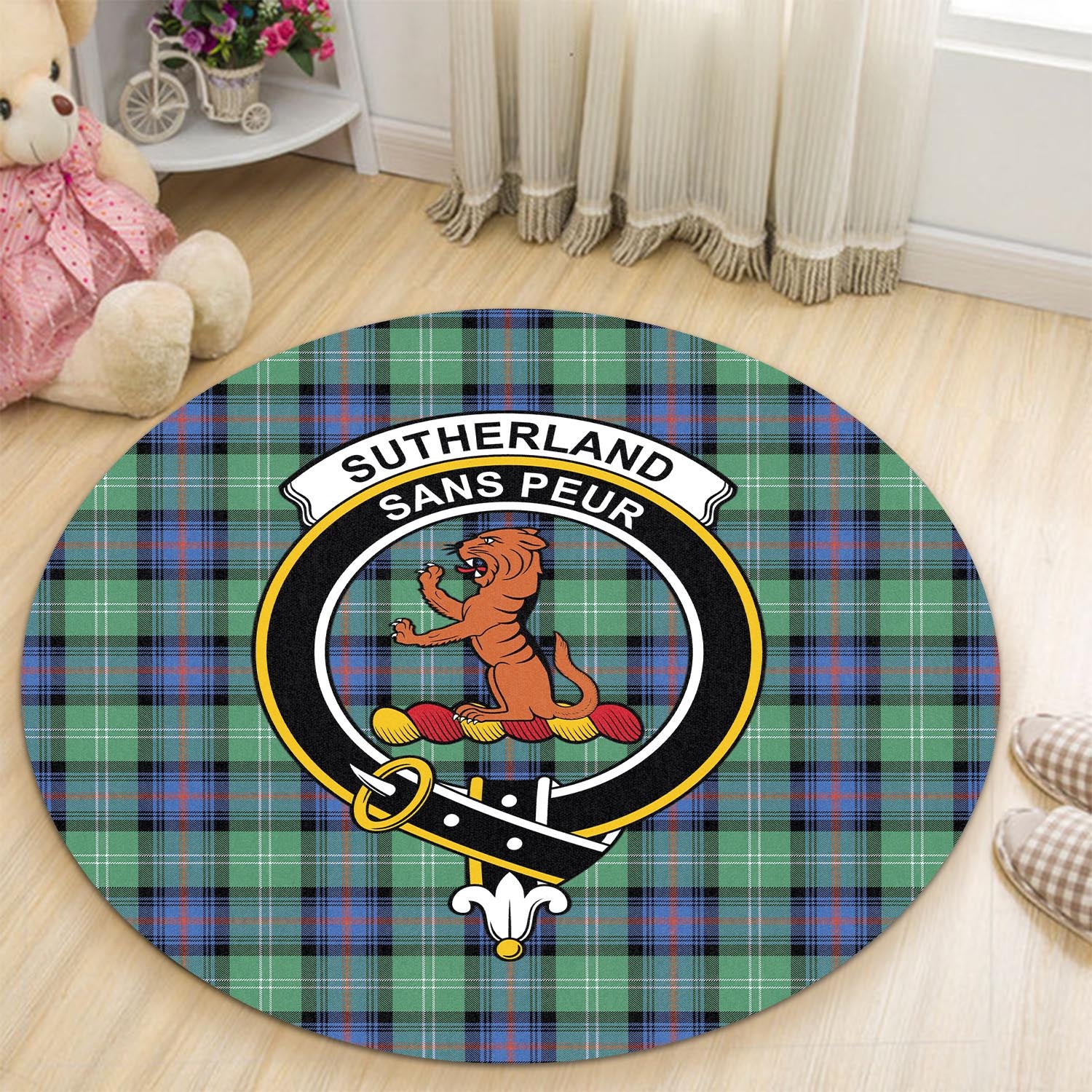 sutherland-ancient-tartan-round-rug-with-family-crest