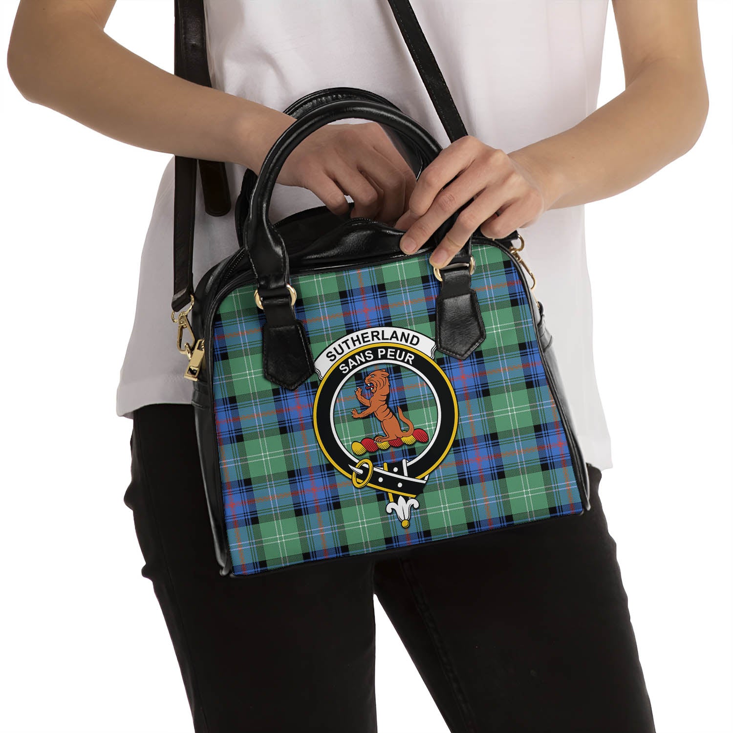 Sutherland Ancient Tartan Shoulder Handbags with Family Crest - Tartanvibesclothing