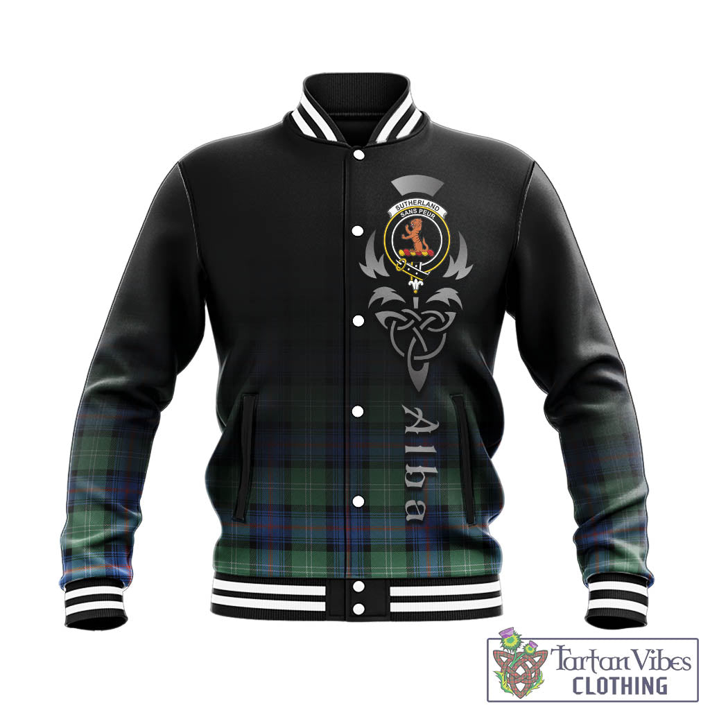 Tartan Vibes Clothing Sutherland Ancient Tartan Baseball Jacket Featuring Alba Gu Brath Family Crest Celtic Inspired