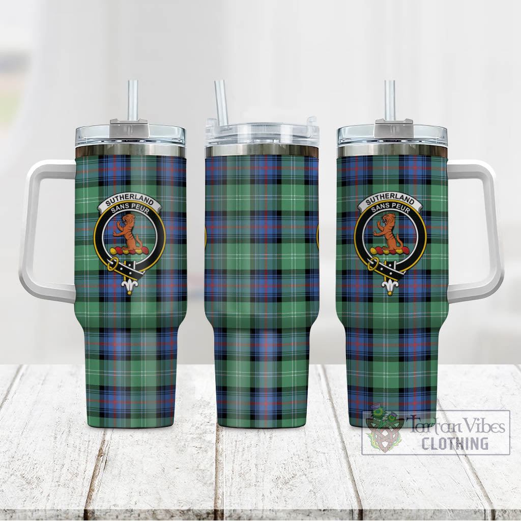 Tartan Vibes Clothing Sutherland Ancient Tartan and Family Crest Tumbler with Handle