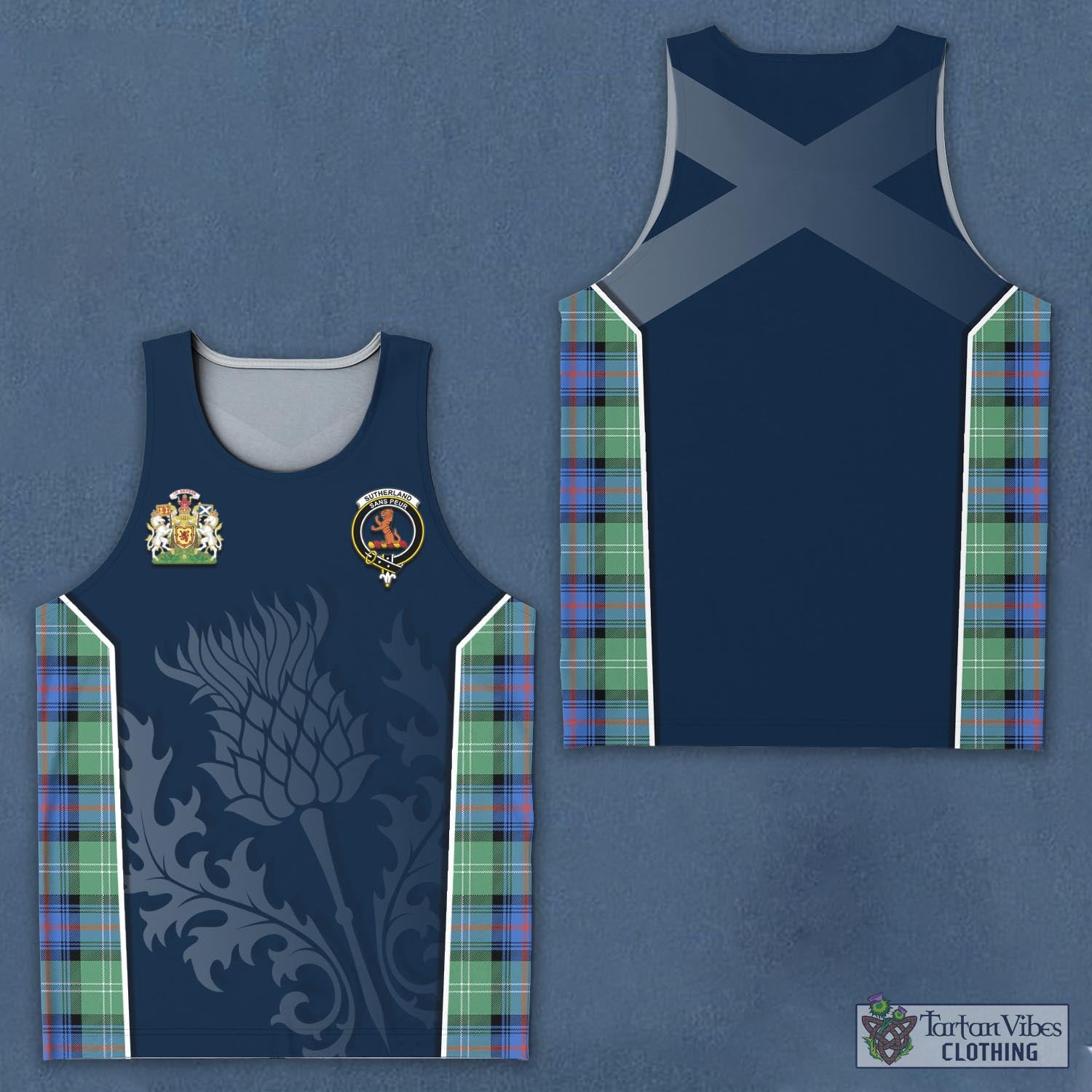 Tartan Vibes Clothing Sutherland Ancient Tartan Men's Tanks Top with Family Crest and Scottish Thistle Vibes Sport Style