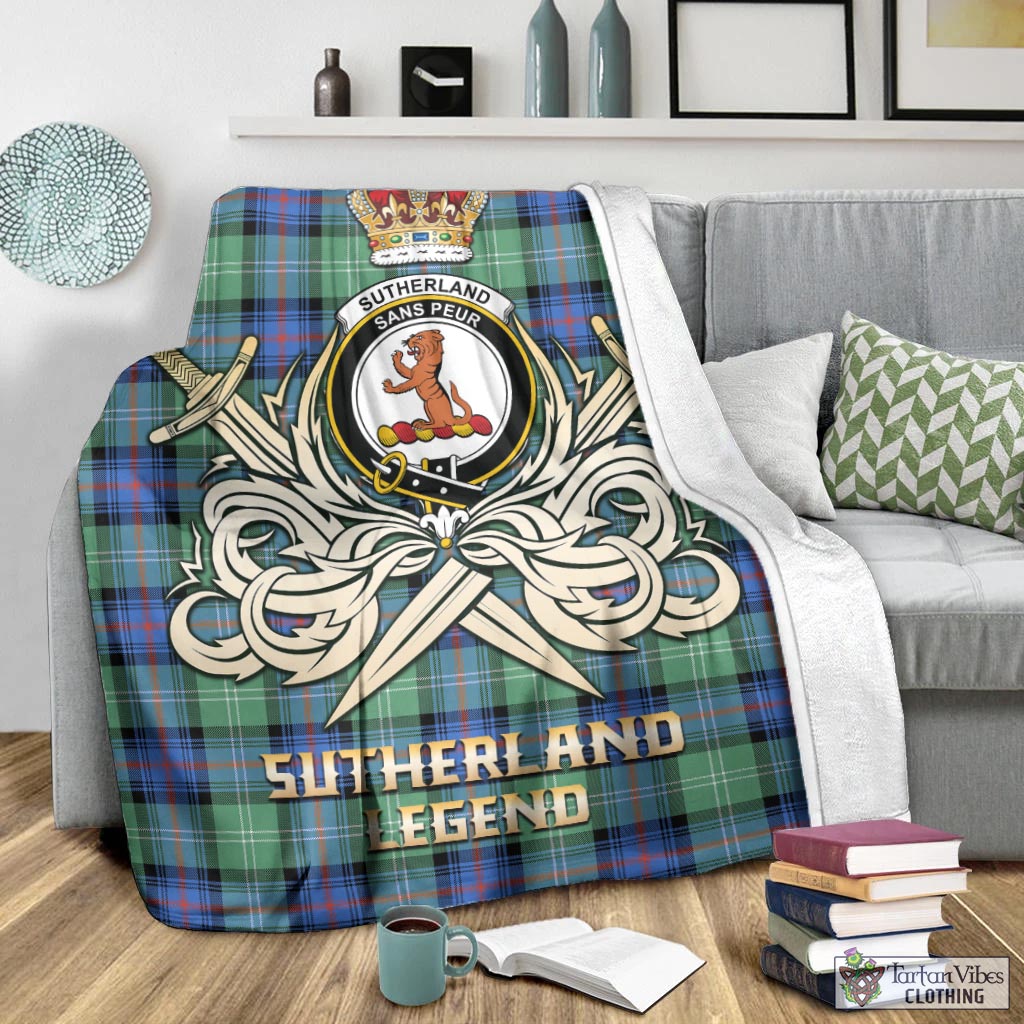 Tartan Vibes Clothing Sutherland Ancient Tartan Blanket with Clan Crest and the Golden Sword of Courageous Legacy