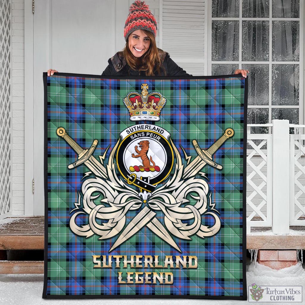 Tartan Vibes Clothing Sutherland Ancient Tartan Quilt with Clan Crest and the Golden Sword of Courageous Legacy