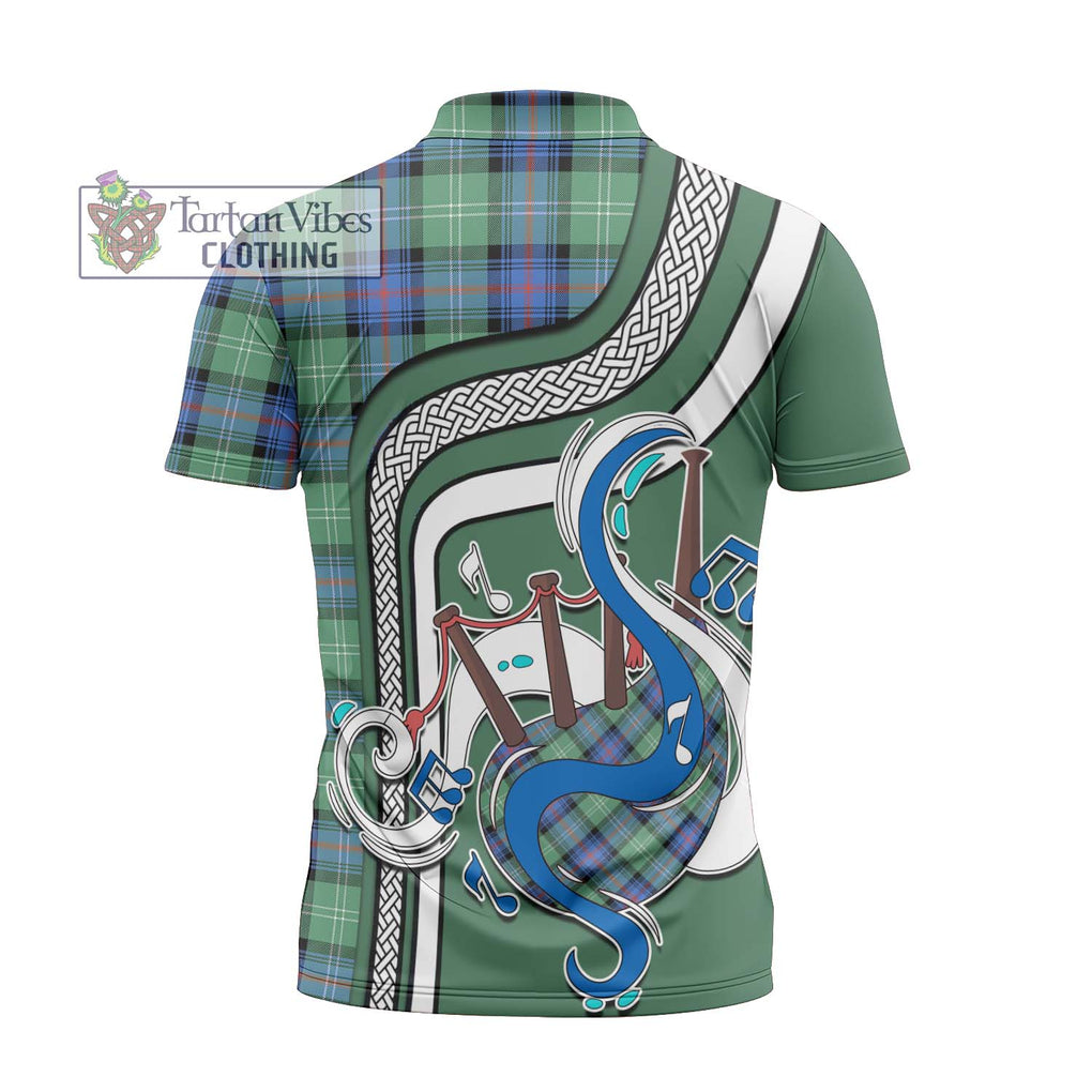 Sutherland Ancient Tartan Zipper Polo Shirt with Epic Bagpipe Style - Tartanvibesclothing Shop