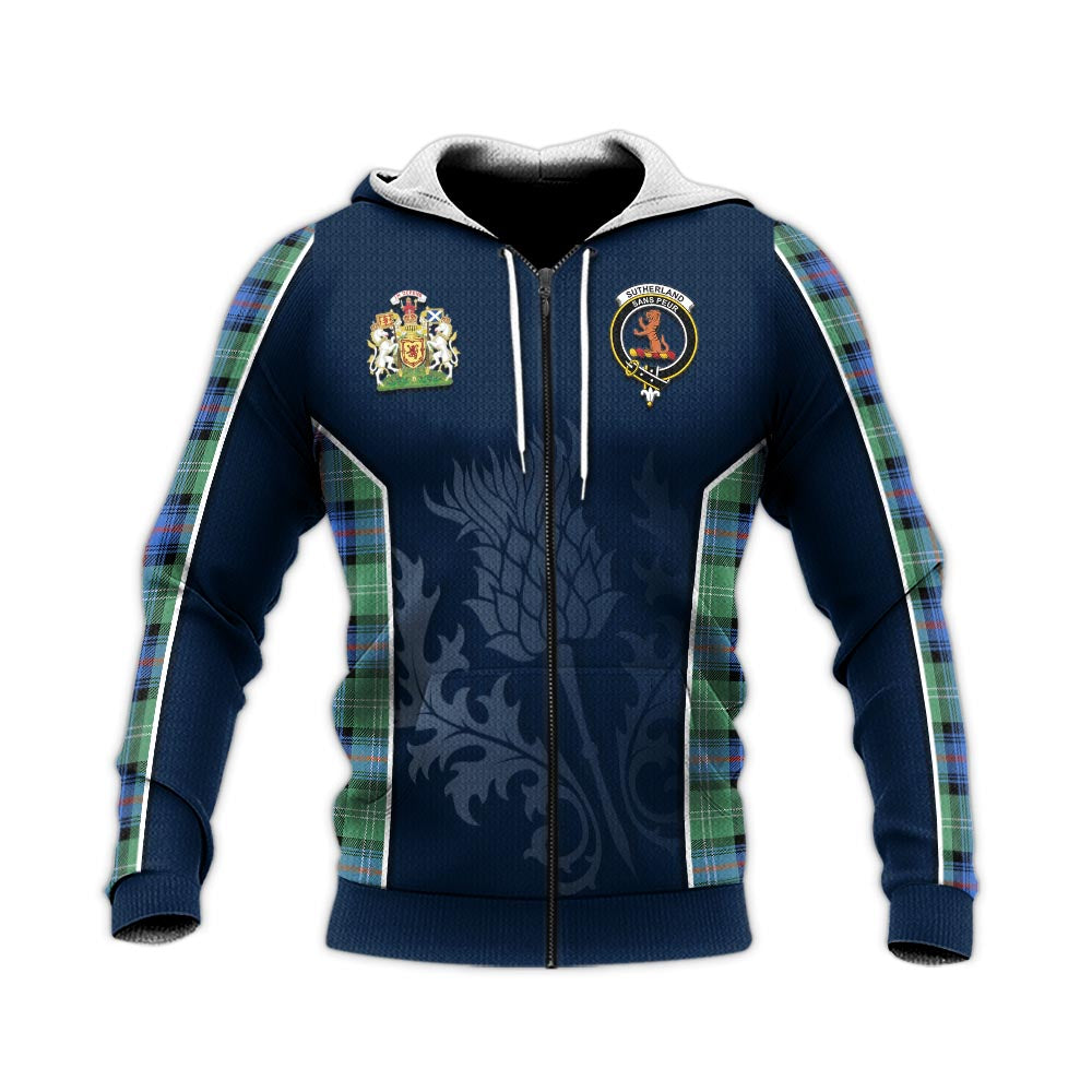 Tartan Vibes Clothing Sutherland Ancient Tartan Knitted Hoodie with Family Crest and Scottish Thistle Vibes Sport Style