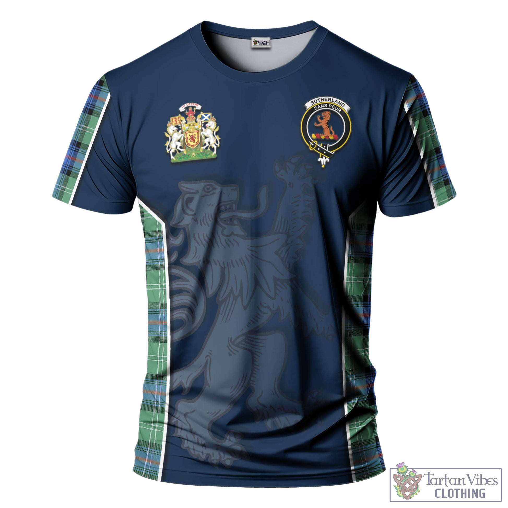 Tartan Vibes Clothing Sutherland Ancient Tartan T-Shirt with Family Crest and Lion Rampant Vibes Sport Style