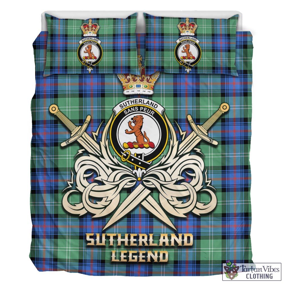 Tartan Vibes Clothing Sutherland Ancient Tartan Bedding Set with Clan Crest and the Golden Sword of Courageous Legacy