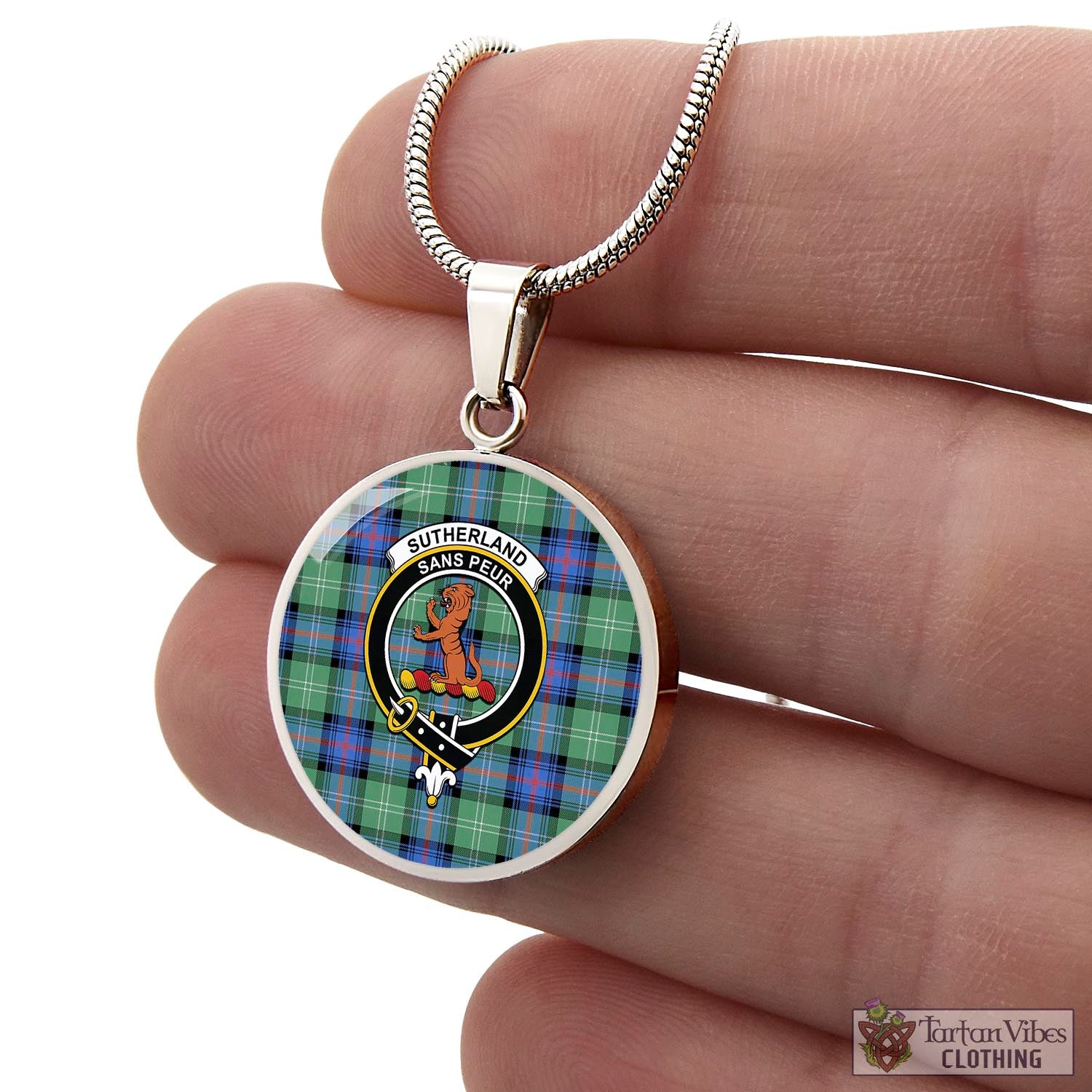 Tartan Vibes Clothing Sutherland Ancient Tartan Circle Necklace with Family Crest