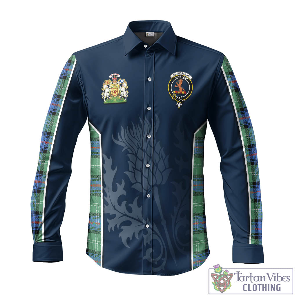 Tartan Vibes Clothing Sutherland Ancient Tartan Long Sleeve Button Up Shirt with Family Crest and Scottish Thistle Vibes Sport Style