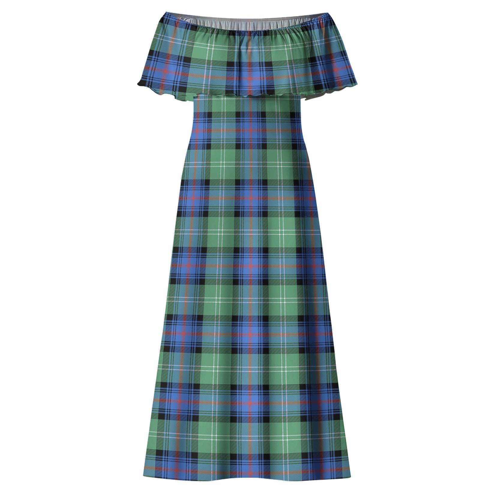 Sutherland Ancient Tartan Off Shoulder Long Dress - Tartanvibesclothing