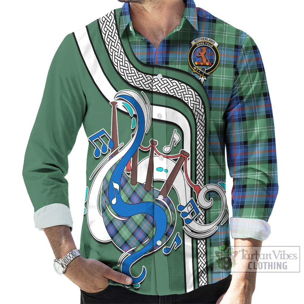 Sutherland Ancient Tartan Long Sleeve Button Shirt with Epic Bagpipe Style - Tartanvibesclothing Shop