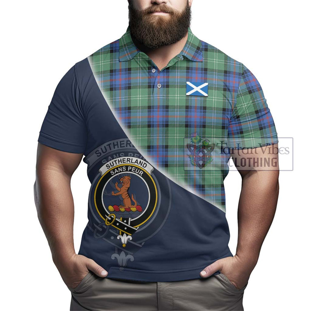 Sutherland Ancient Tartan Polo Shirt with Personalised National Flag and Family Crest Half Style - Tartanvibesclothing Shop