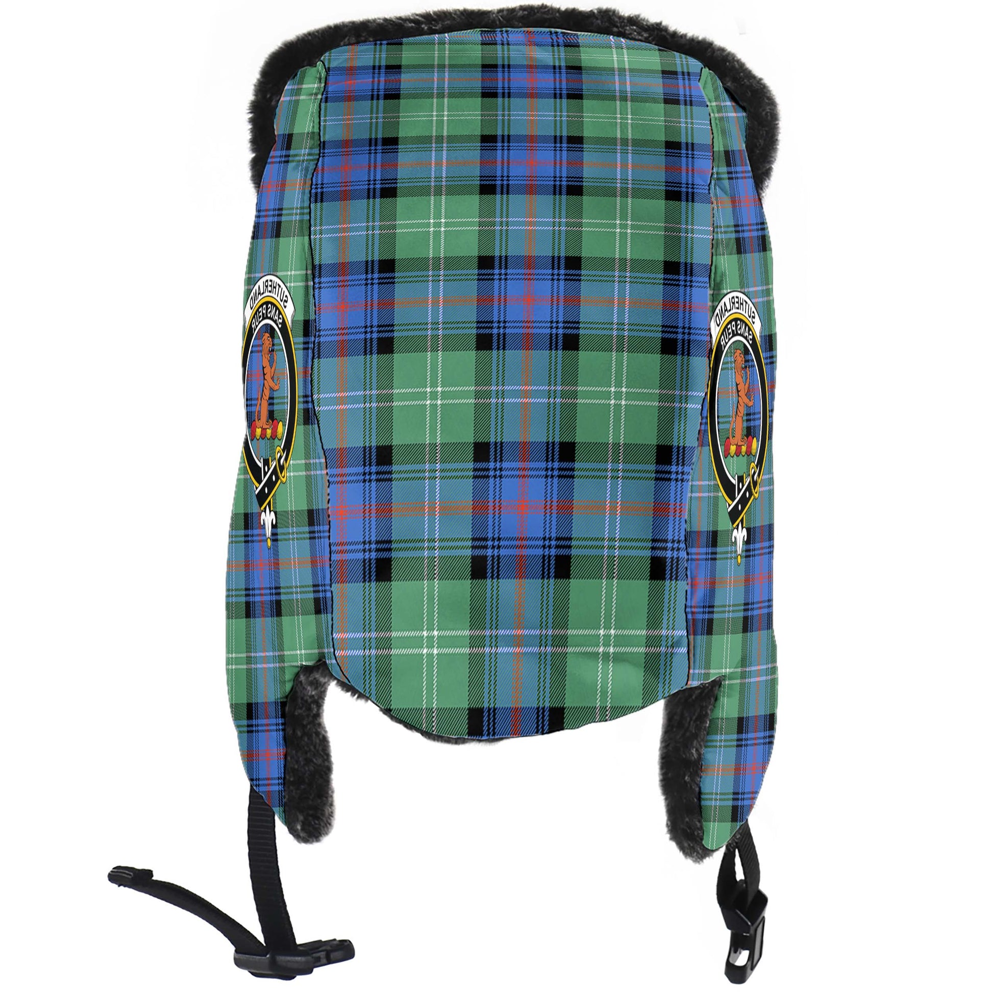 Sutherland Ancient Tartan Winter Trapper Hat with Family Crest - Tartanvibesclothing