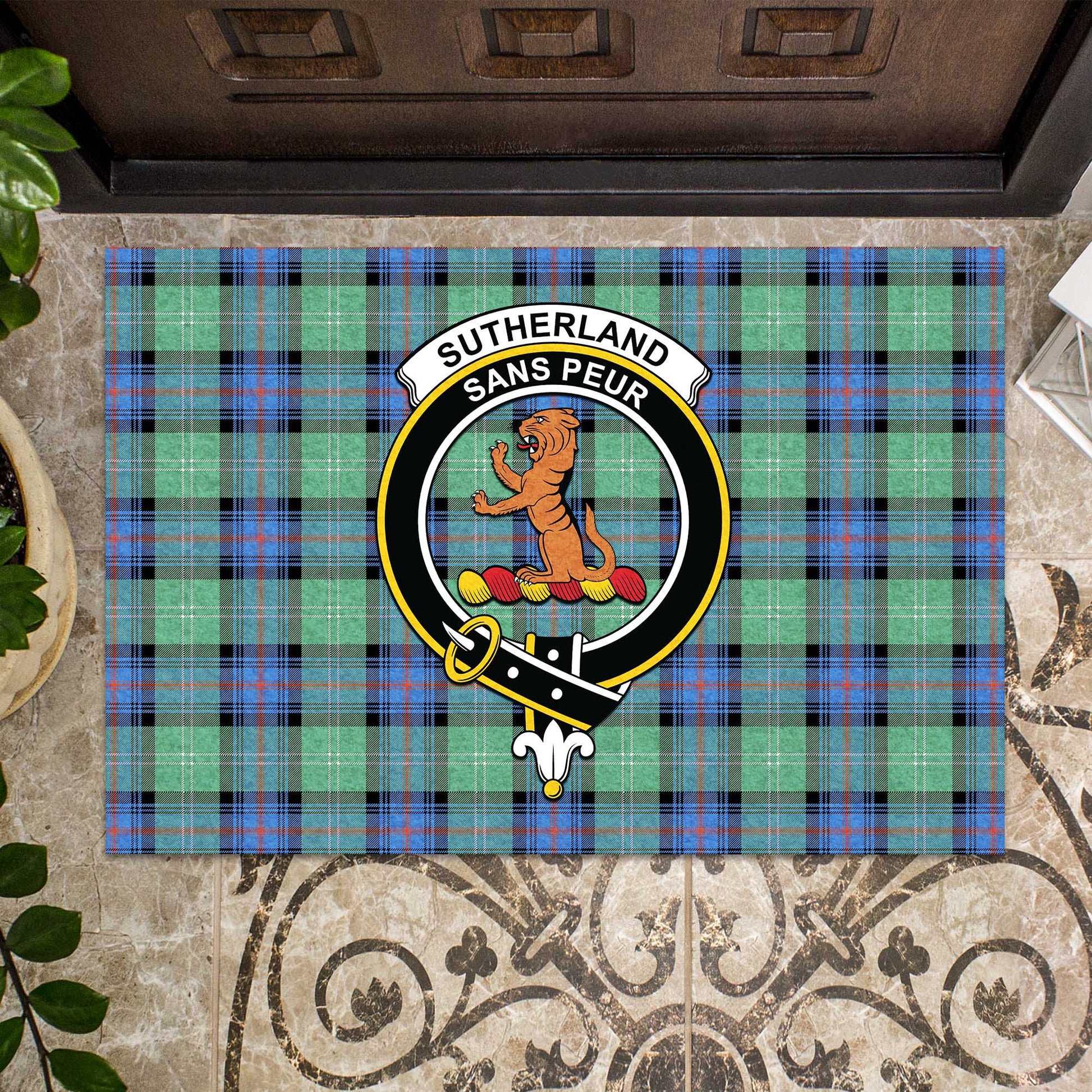 Sutherland Ancient Tartan Door Mat with Family Crest - Tartanvibesclothing Shop