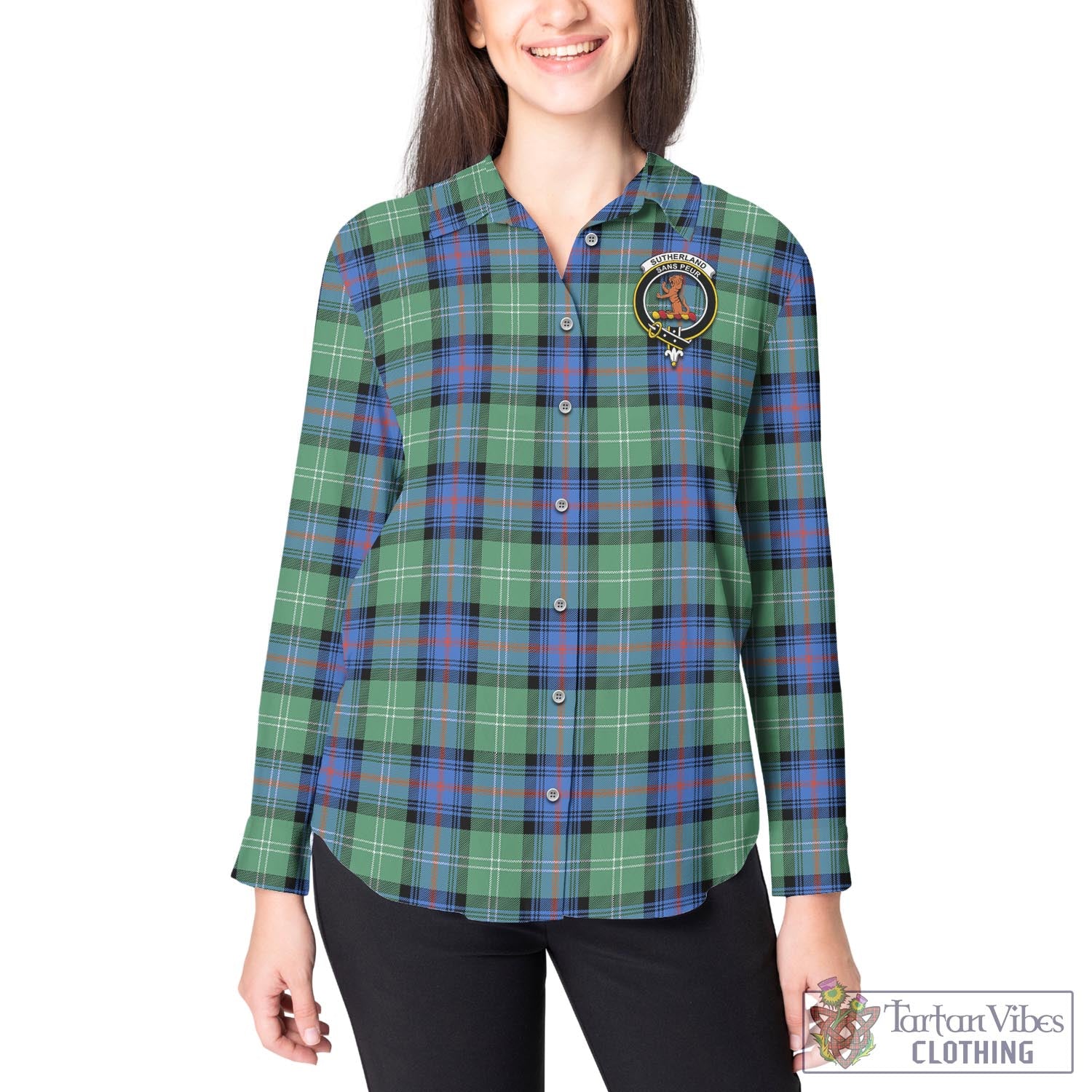 Tartan Vibes Clothing Sutherland Ancient Tartan Womens Casual Shirt with Family Crest