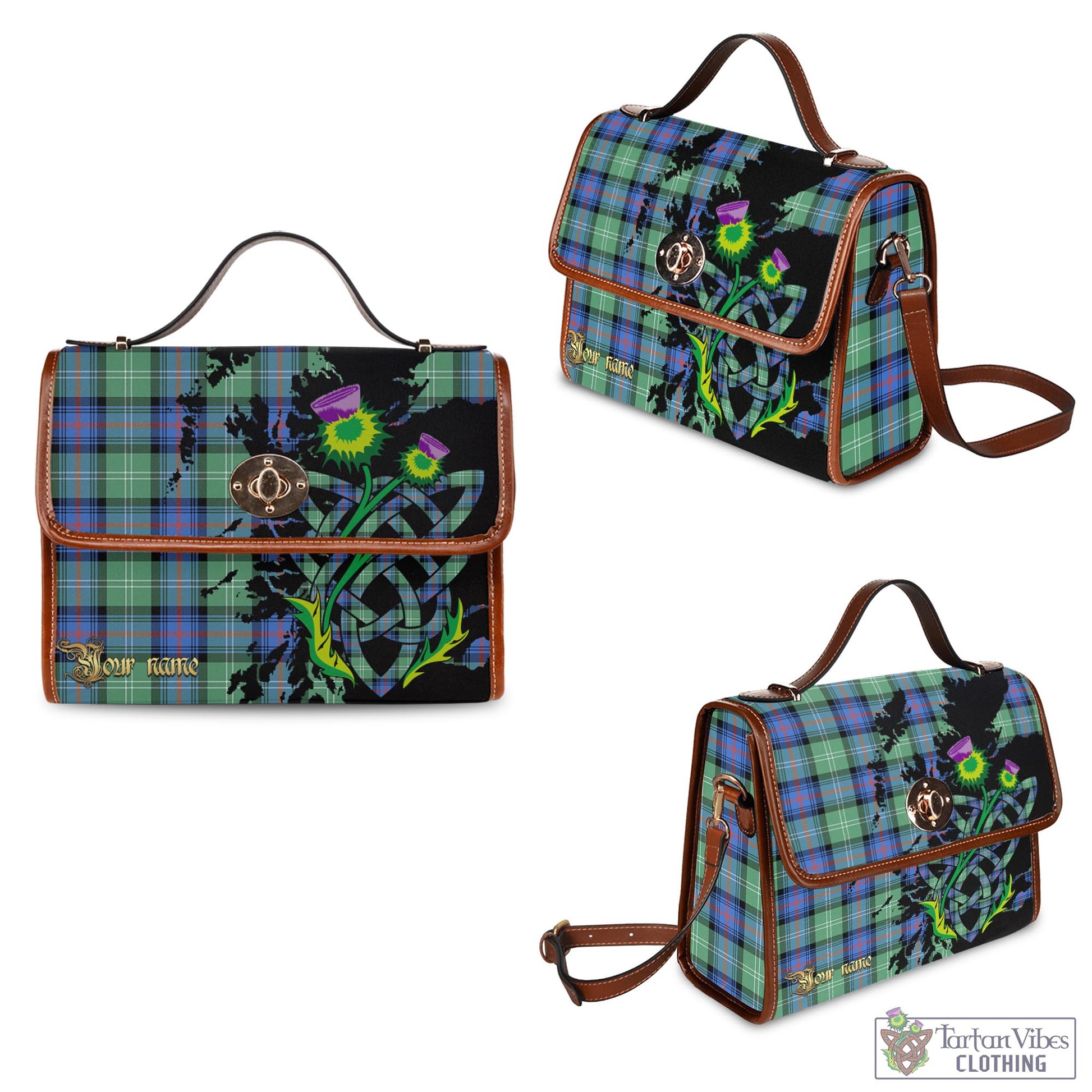 Tartan Vibes Clothing Sutherland Ancient Tartan Waterproof Canvas Bag with Scotland Map and Thistle Celtic Accents