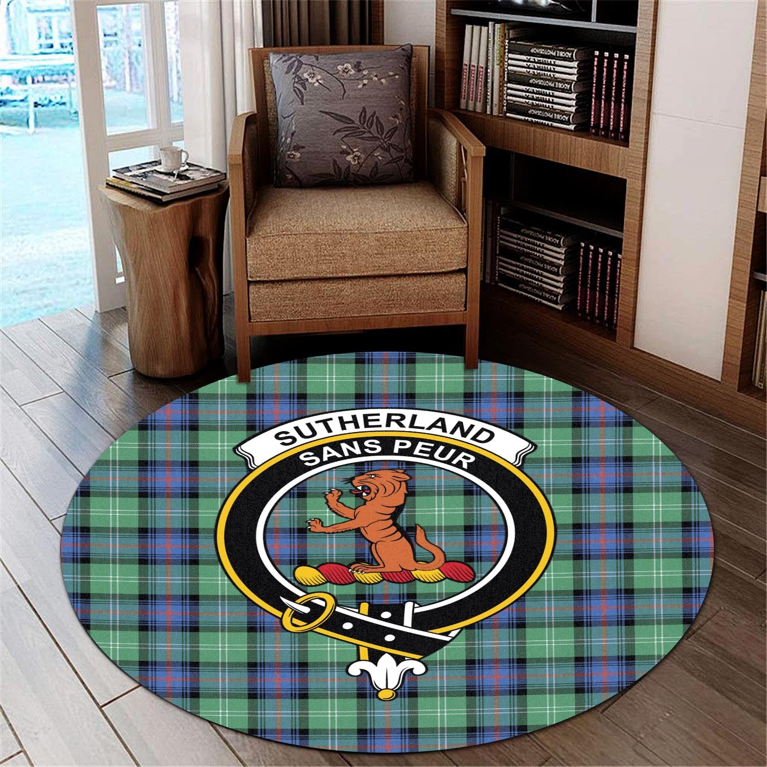 sutherland-ancient-tartan-round-rug-with-family-crest