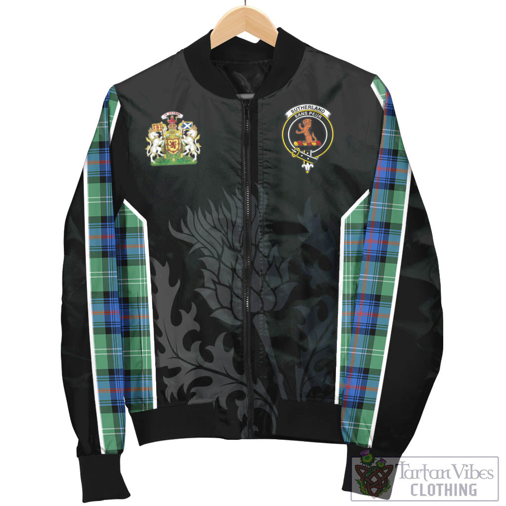 Tartan Vibes Clothing Sutherland Ancient Tartan Bomber Jacket with Family Crest and Scottish Thistle Vibes Sport Style