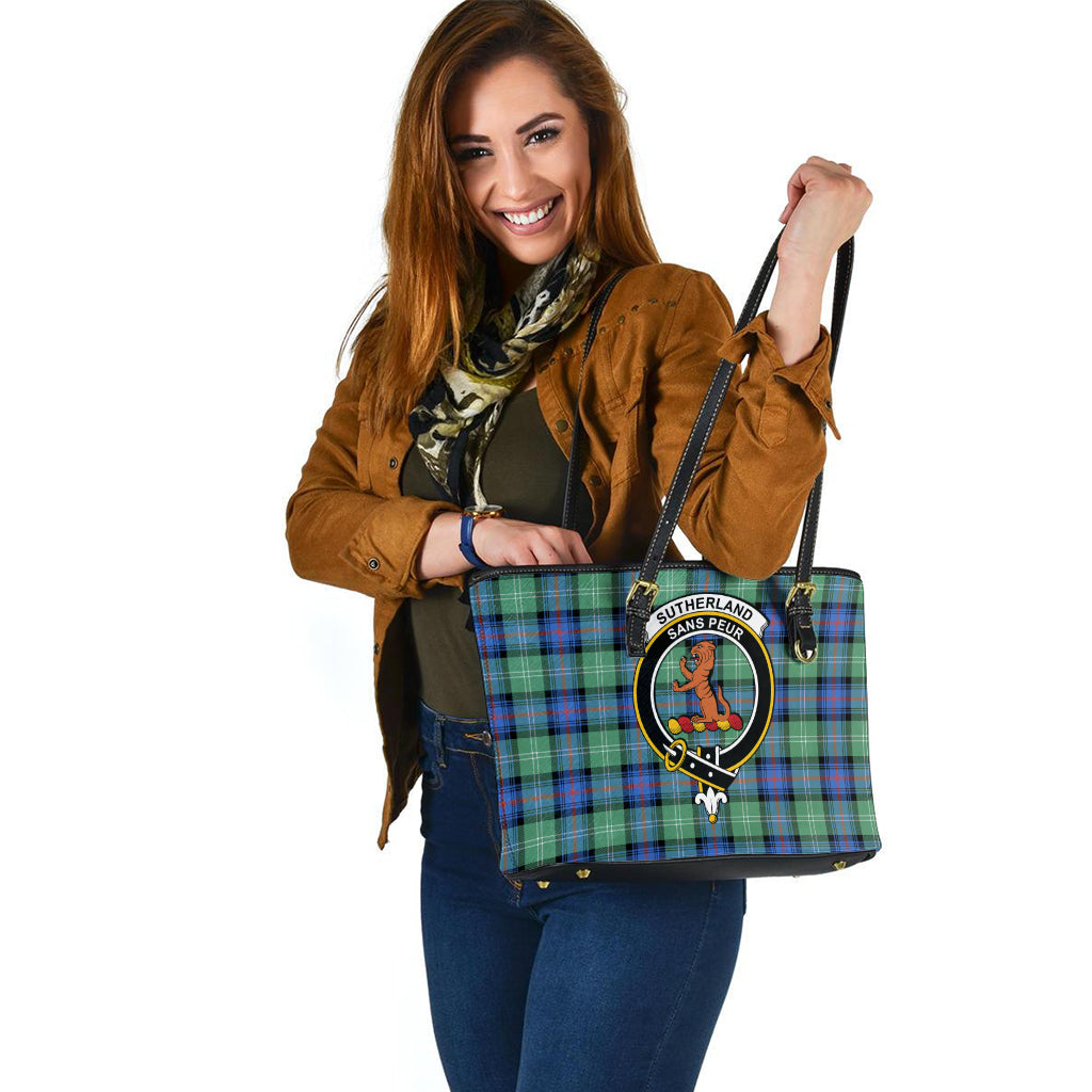 Sutherland Ancient Tartan Leather Tote Bag with Family Crest - Tartan Vibes Clothing