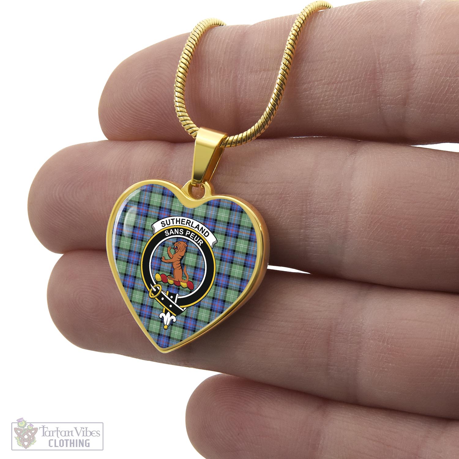 Tartan Vibes Clothing Sutherland Ancient Tartan Heart Necklace with Family Crest