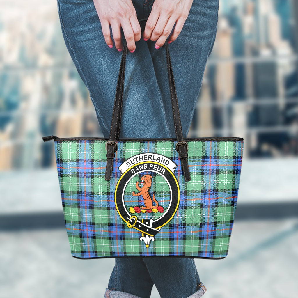 Sutherland Ancient Tartan Leather Tote Bag with Family Crest - Tartan Vibes Clothing